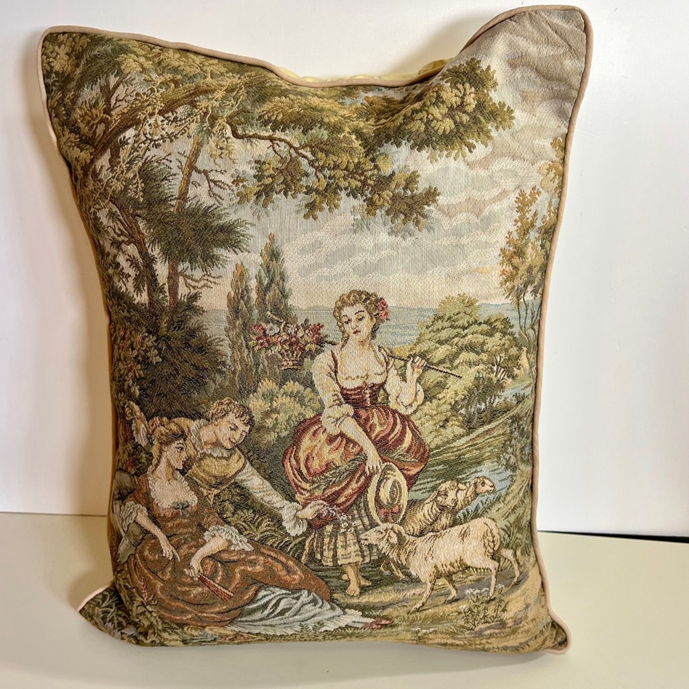 Antique Victorian tapestry pillow down Decorative Pillow, Green Beige,‎ 18x18"